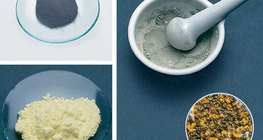 Iron powder (top), sulfur powder (bottom), and their mixture (right)