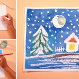 Wax drawing and painting of a winter scene