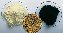 Sulfur and iron powder, and their mixture