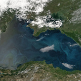 Satellite image of the algal bloom (left side) in the Black Sea