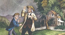 Benjamin Franklin and his son 'ground the lightnings of the sky'