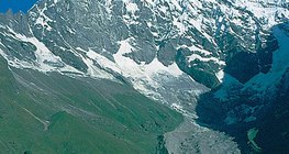 The glacier flow of the 7,234 m high Langtang Lirung in the Himalayas