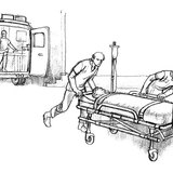 Taking an injured man to the hospital on a wheeled stretcher