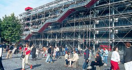 Bustling crowd in front of the Pompidou Centre in Paris