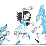 Lány egyessel táncol a kutya gitárzenéjére