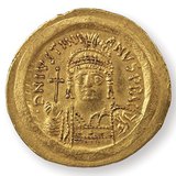 Justinian I, Byzantine emperor (527–565), depicted on a coin