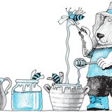 Mézes Mackó, a gazda, kiemel épp egy torkos darazsat a mézből