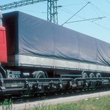 A freight train carrying lorries